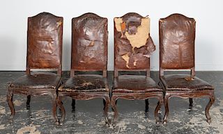 Four Similar, Italian Carved Leather Side Chairs