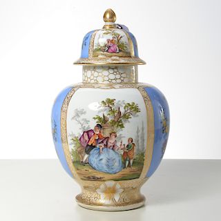 German Dresden hand-painted porcelain covered jar