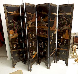 Chinese stone-inlaid lacquer 6-panel screen
