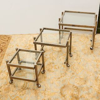Set (3) Modernist aluminum & glass nesting tables