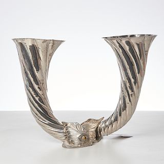 Large silver plated double rhyton vase