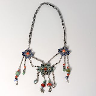 Sino-Tibetan enamel, coral, turquoise necklace