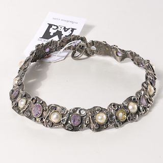 Signed silver, amethyst, and pearl collar necklace
