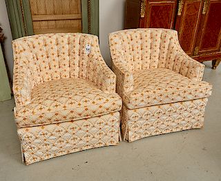 Pair skirted fan back club chairs
