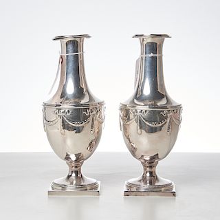 Pair Neo-Classical silver plated urns