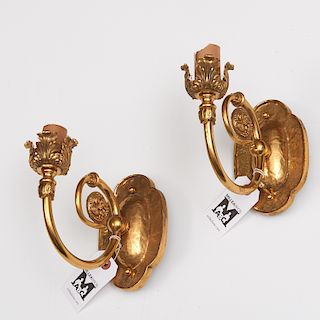 Pair French style scrolled gilt metal wall sconces