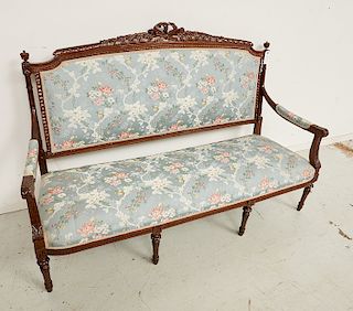 Louis XVI style carved damask upholstered settee