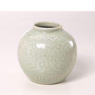 Chinese or Korean carved celadon porcelain jar