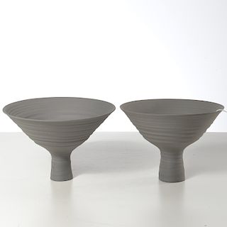 Pair James Makins gray ceramic footed bowls