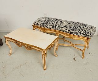 Louis XV style painted bench and low table