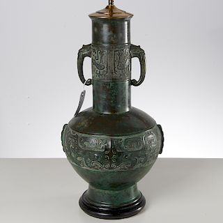 Archaic Chinese style bronze vase lamp