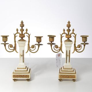 Pair Louis XVI style marble, bronze candelabra