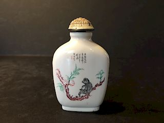 OLD Pair Chinese Colored Snuff Bottle with monkeys and Chinese Carvings. Signed