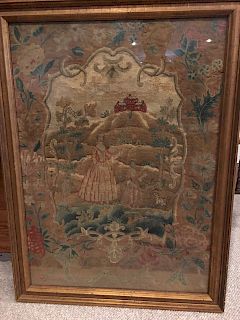 OLD large 18th century Needlework with figurines and trees in Frame. 33" x 24"