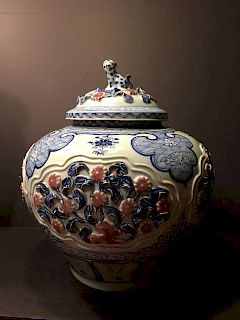 A Fine Chinese Large Blue and White Plus Red Glaze Jar,  13 1/2" x 13 1/2" wide