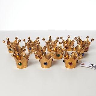Set (12) goldtone jeweled crown table ornaments