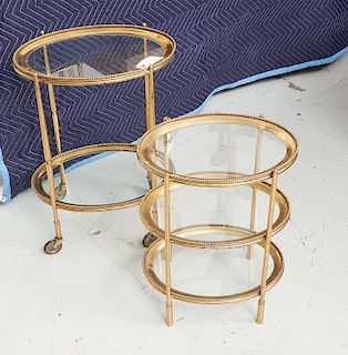 (2) Mid-Century brass, glass tiered tables
