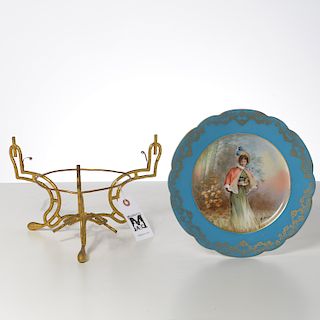 Sevres style portrait plate on gilt metal stand