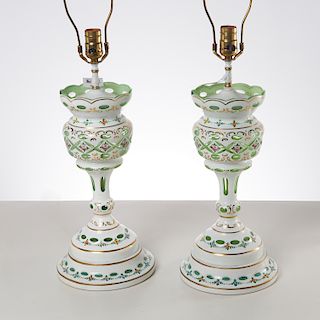 Pair Bohemian enameled cased glass lamps