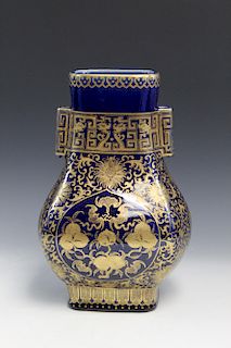 Chinese gilt powder blue porcelain vase. Qianlong Mark.