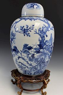 Chinese Antique Blue and White Porcelain Jar on Wood Stand. 19th C.