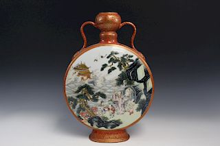 Chinese famille rose moon flask porcelain vase. Jiaqing Mark.