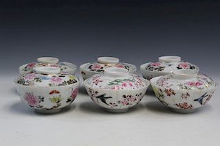 Six Japanese hand-painted porcelain bowls with lid.