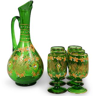 (7 Pc) Hand Painted Green Glass Pitcher and Glasses