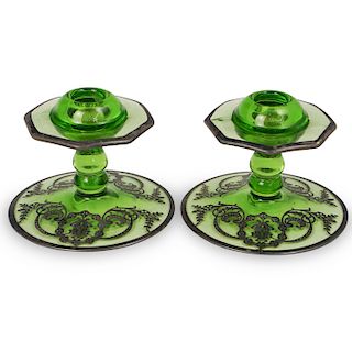 Pair of Green Depression Glass Candleholders