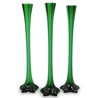 (3 Pc) Tall Portuguese Green Art Glass Vases