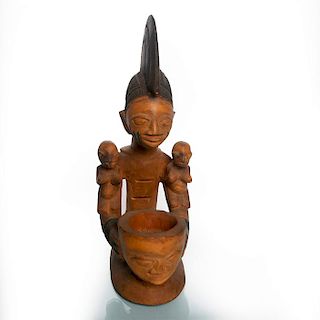 NIGERIAN TRIBAL WOOD SCULPTURE OF WOMAN AND MOLTAR