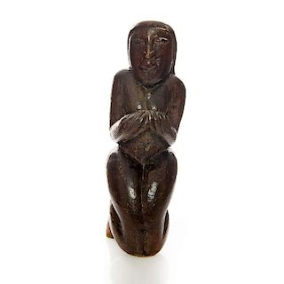 WOOD CARVING, WOMAN ON KNEES CUPPING BREASTS