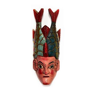 BALINESE ALLEGORICAL BHOMA TRIBAL MASK, MAN AND FISHES
