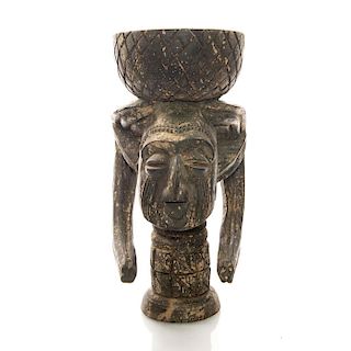 ALL WOOD AFRICAN TRIBAL MOLTAR WITH STATUE