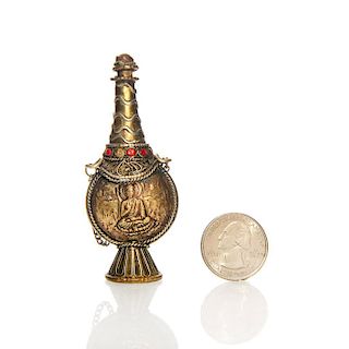 RARE BRASS BUDDHA SNUFF BOTTLE WITH CHAINED TOPPER