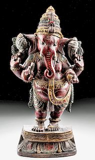 Early 20th C. Indian Polychrome Wood Ganesha Statue