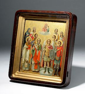 Framed 19th C. Russian Gilded Wood Icon - 10 Saints