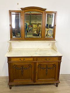 French Carved Oak Marble Top Wash Stand