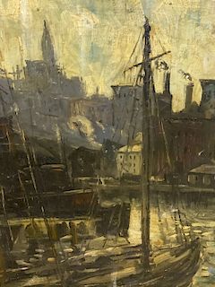 Oil on Canvas Harbor Scene
