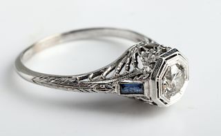 Edwardian 18K White Gold Diamond & Sapphire Ring