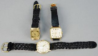Three wrist watches, Glycine 14K gold wrist watch, Hamilton 14K gold wrist watch and Omega automatic gold filled wrist watch.
