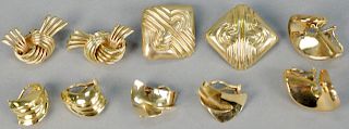Five pairs of 14K gold earrings. 43.8 grams total weight.