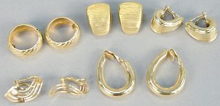 Five pairs of 14K gold earrings. 33.8 grams total weight.
