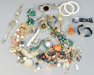Group of costume jewelry, to include Chanel cufflinks, Malachite beads, Agate beads, Juvenia stainless watch, Seiko women's wrist watch, Benrus watche