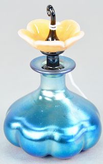 Steuben blue aurene perfume bottle, having pink jade flower stoppers. ht. 4 1/4 in.