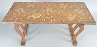 Japanese parcel gilt and red lacquer writing table, 19th century, decorated in nashiji and gold lacquer with hollyhock crests and scrolling vines. ht.