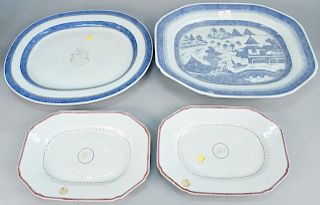 Four platters to include three Chinese export porcelain platters, pair of smaller trays having old Christie's tags (one large with blue border 16 1/2 
