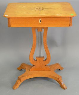 Biedermeier birch work table, having star inlaid top above drawer with lidded compartments raised on lyre form support, circa 1825, ht. 28 1/2 in., to