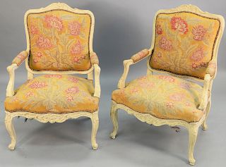 Pair of Louis XV style fauteuil, with needlepoint upholstery, ht. 38 1/4 in., wd. 26 1/2 in.