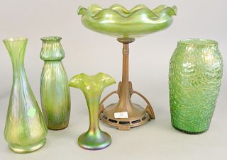 Five Loetz, Kralik art glass pieces, green iridescent vase with threaded design, ground pontil bottom, green iridescent double gourd vase, trumpet for